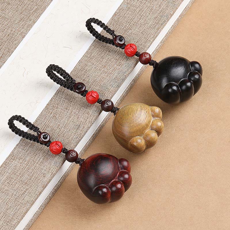 Small Leaf Red Sandalwood Green Sandalwood Ebony Wood Lucky Cat Paw Claw Protection Key Chain