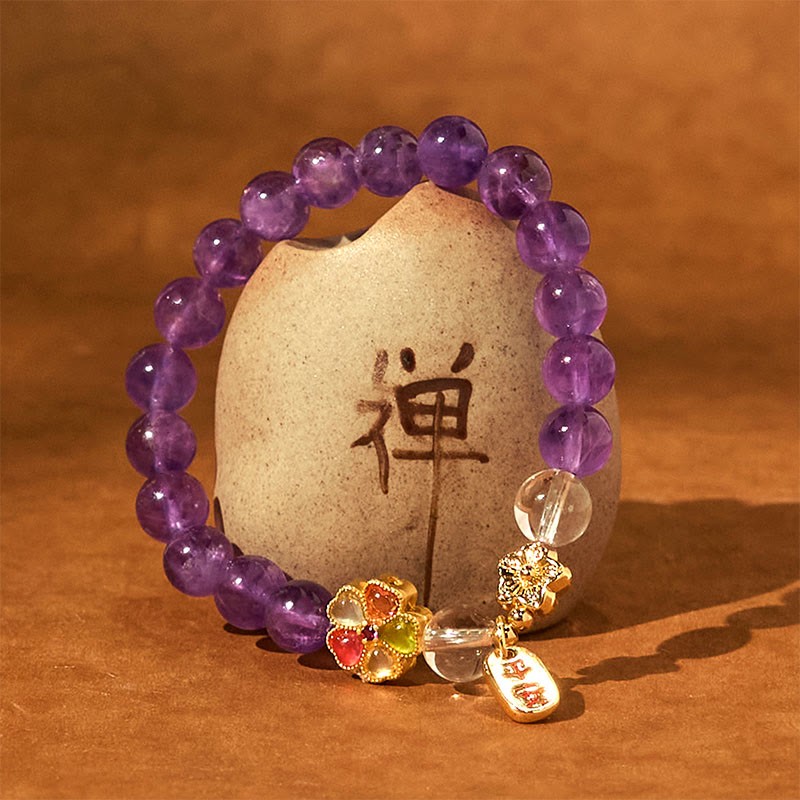 Natural Amethyst White Crystal Flower Healing Safe And Well Charm Bracelet