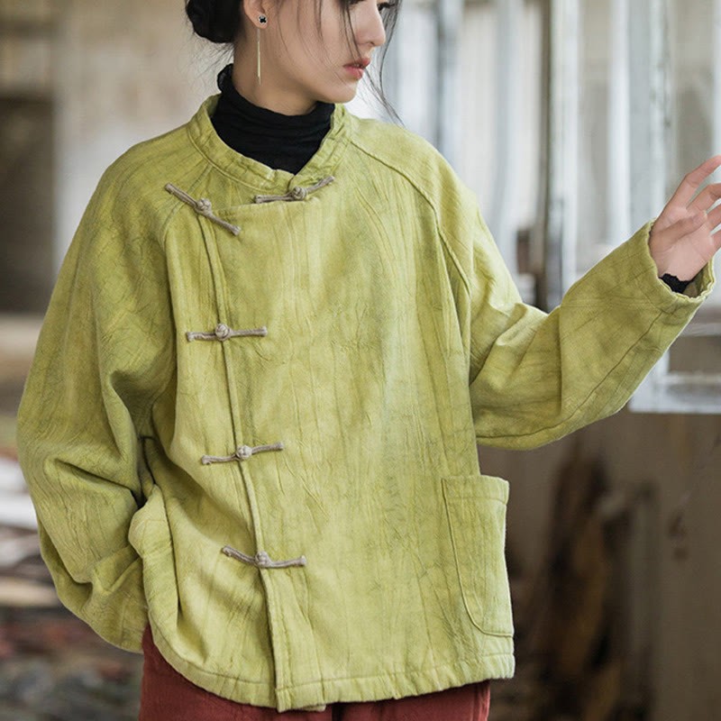 Solid Color Frog-button Thermal Long Sleeve Ramie Linen Women's Shirt