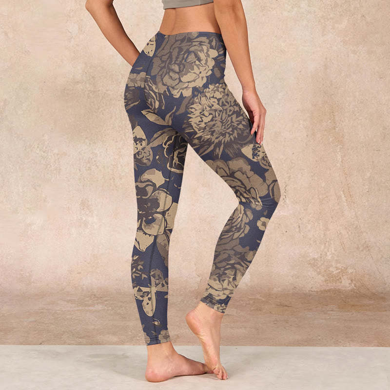 Peony Flowers Leaves Blossom Print Gym Fitness Leggings Women's Yoga Pants