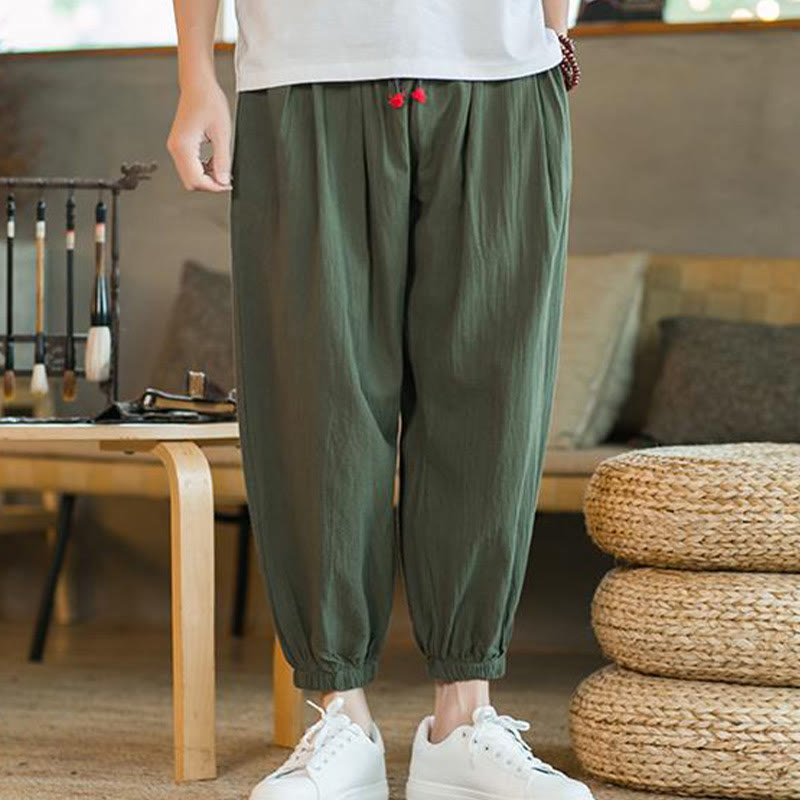 Plain Color Red Drawstring Linen Men's  Pants With Pockets