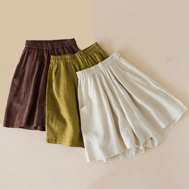 Casual Solid Plain Color Cotton Linen Women's Shorts With Pockets