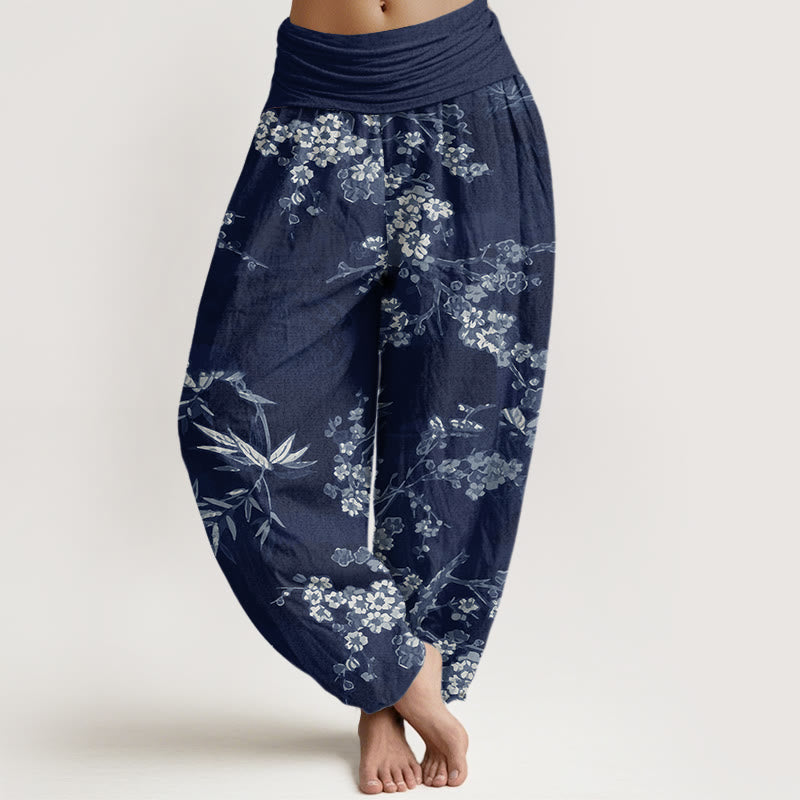 White Sakura Flower Pattern Women's Elastic Waist Harem Pants