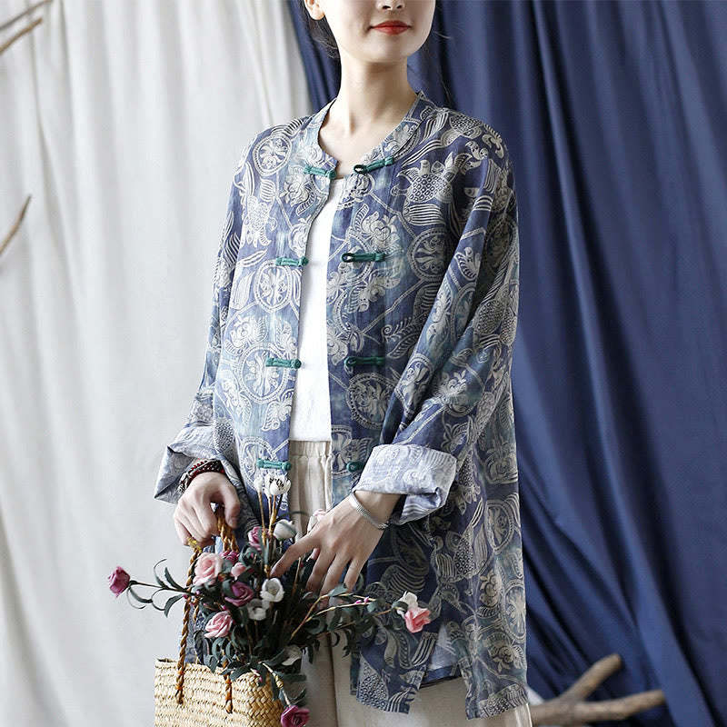 Birds Flowers Geometry Frog-Button Long Sleeve Ramie Linen Jacket Shirt