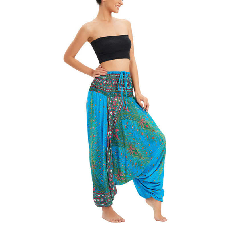 Two Style Wear Peacock Feather Loose Smocked Harem Trousers Jumpsuit High Waist Pants