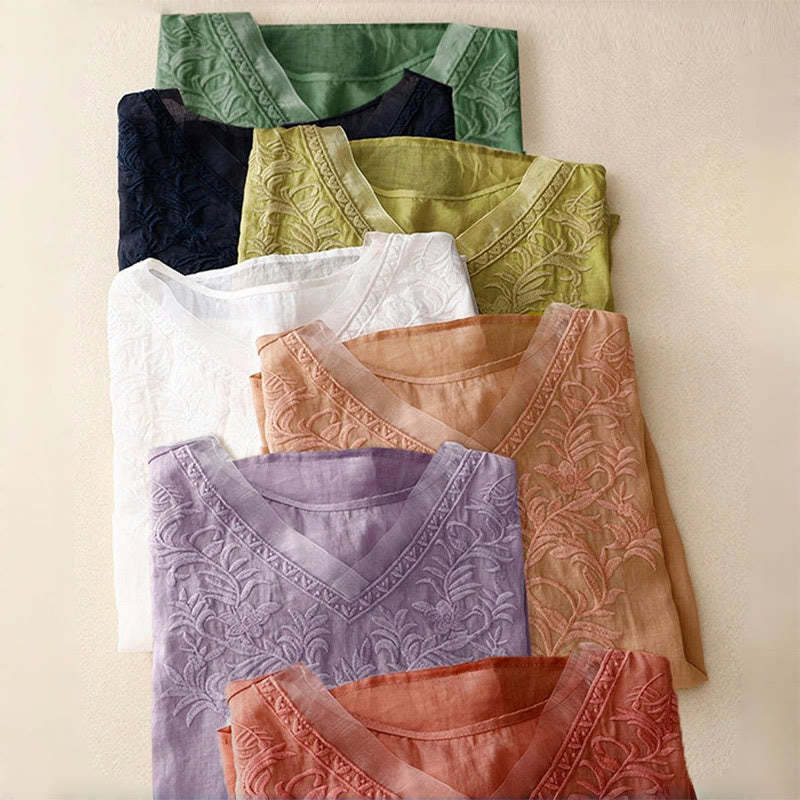 Vintage Casual Pure Leaf Embroidery V-Neck Half Sleeve Cotton Linen Women's T-Shirt