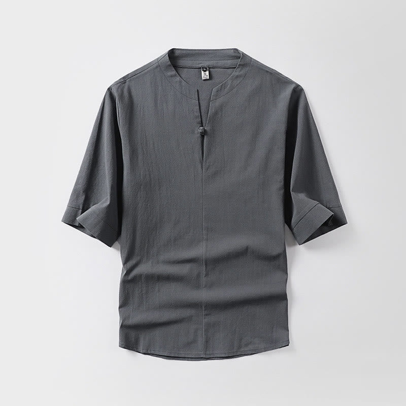 Casual Plain Color One Button Three Quarter Sleeve Cotton Linen Men's Shirt