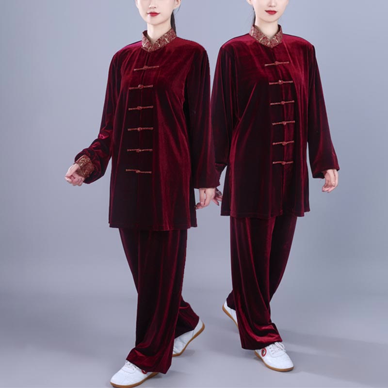 2Pcs Fall Winter Tai Chi Qigong Auspicious Clouds Stand Collar Frog-Button Unisex Velour Meditation Clothing Set