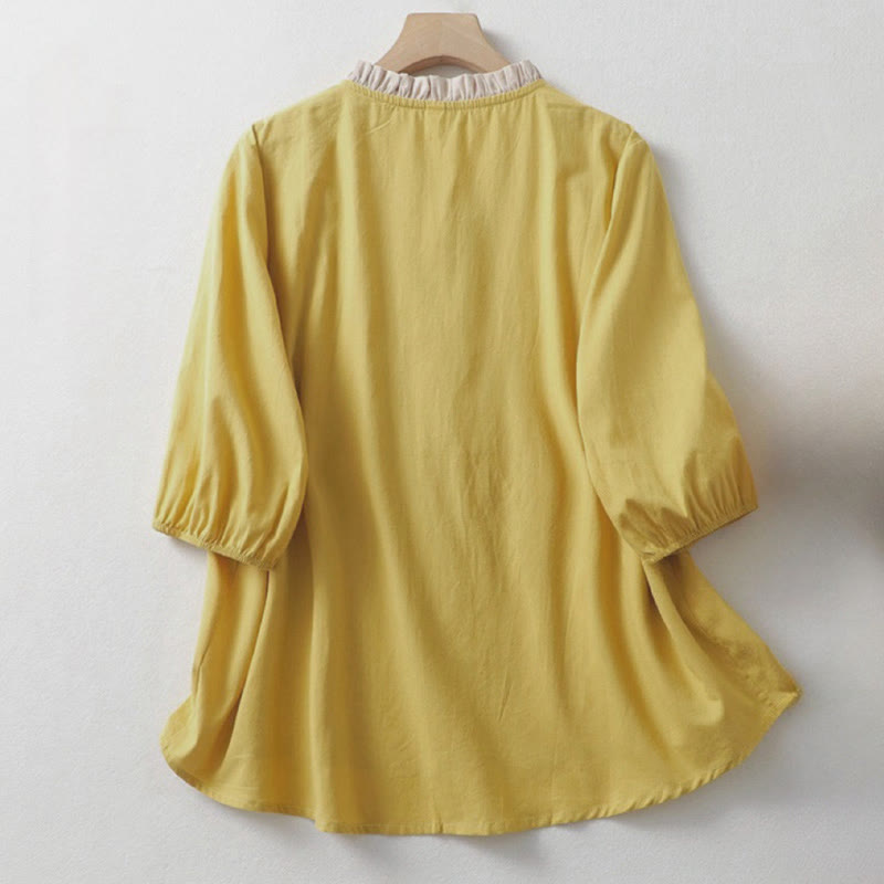 Casual Plain Frog-Button Women's Ruffle Collar Design Half Sleeve Cotton Linen Shirt