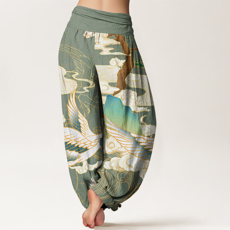 Flying Cranes Auspicious Clouds Tree?women's Elastic Waist Harem Pants