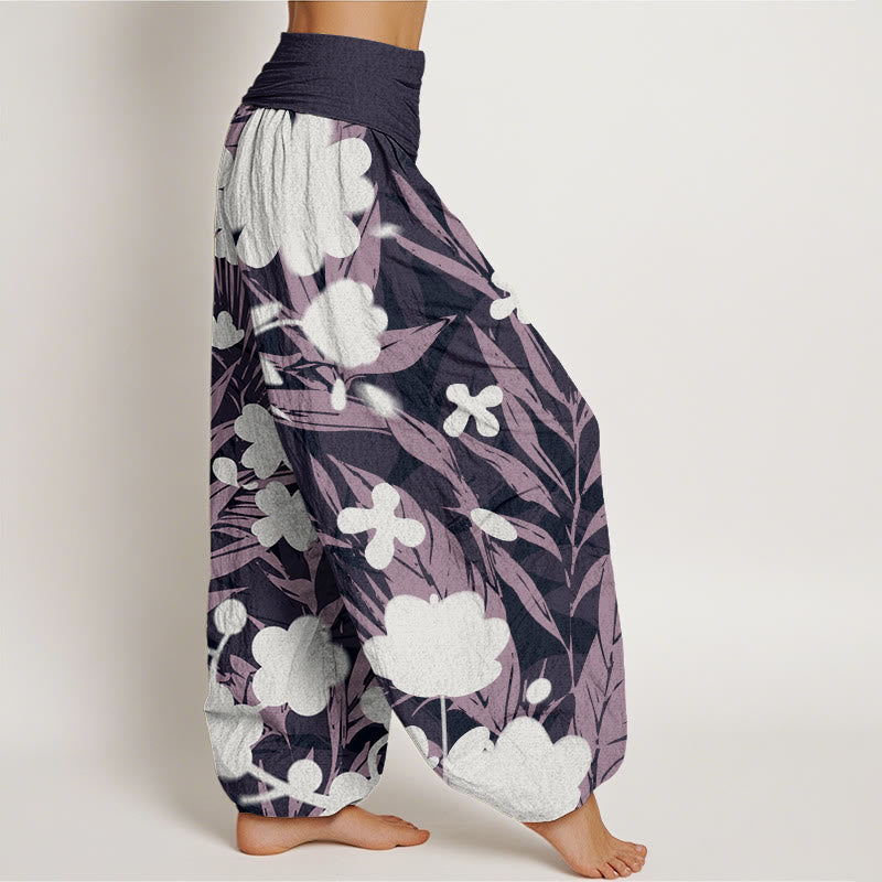 Long Leaves Flowers Pattern Design Women's Elastic Waist Harem Pants