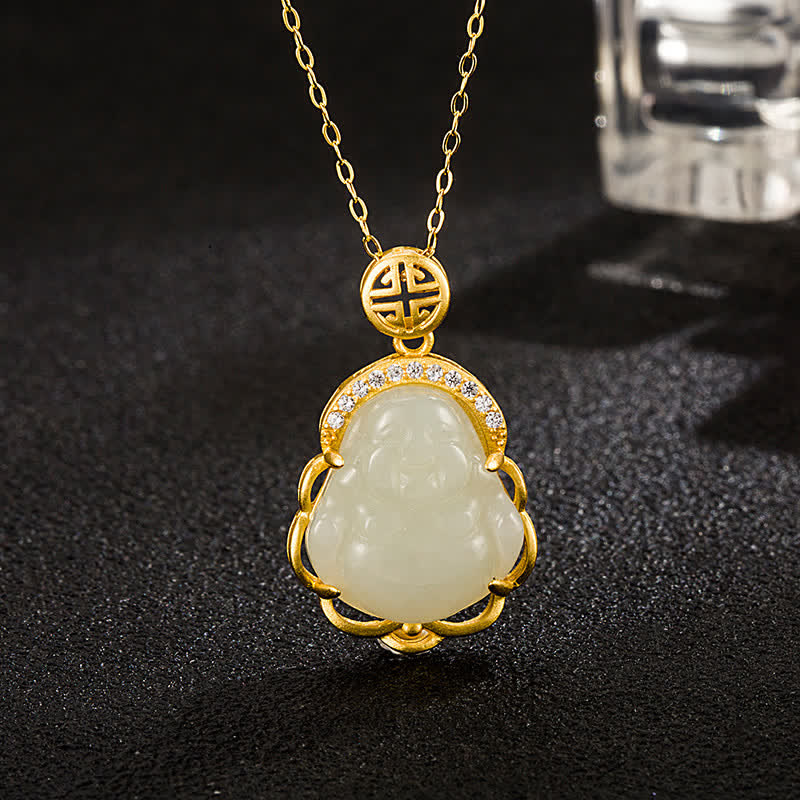 925 Sterling Silver Laughing mystic zen Hetian White Jade Protection Necklace Pendant
