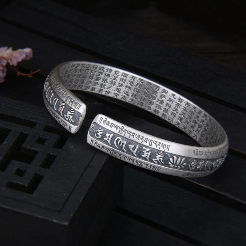 999 Sterling Silver Om Mani Padme Hum Heart Sutra Lotus Peace Bracelet Bangle
