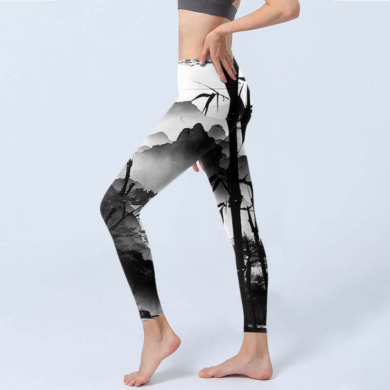 Ink Painting Bamboo Pine Mountain Scenery Print Gym Leggings Women's Yoga Pants
