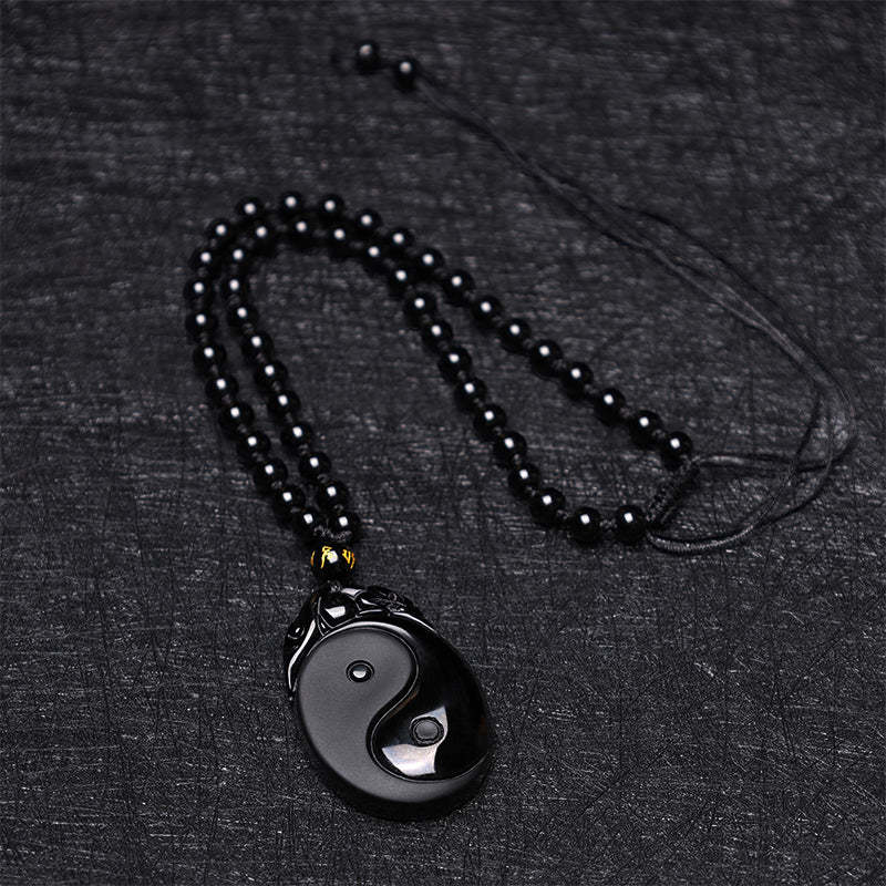 Natural Black Obsidian Yin Yang Fulfilment Strength Necklace Pendant