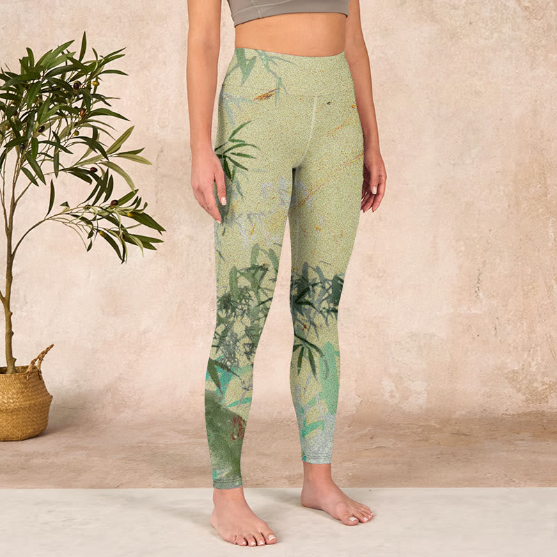 Bamboo Print Lycra Fabric Fitness Leggings Women's Yoga Pants