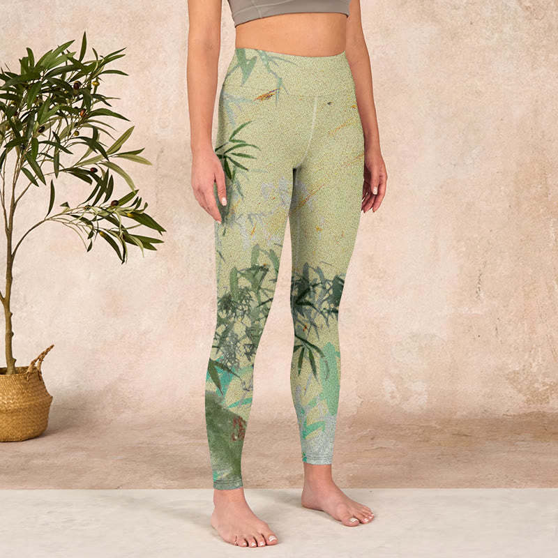 Bamboo Print Lycra Fabric Fitness Leggings Women's Yoga Pants