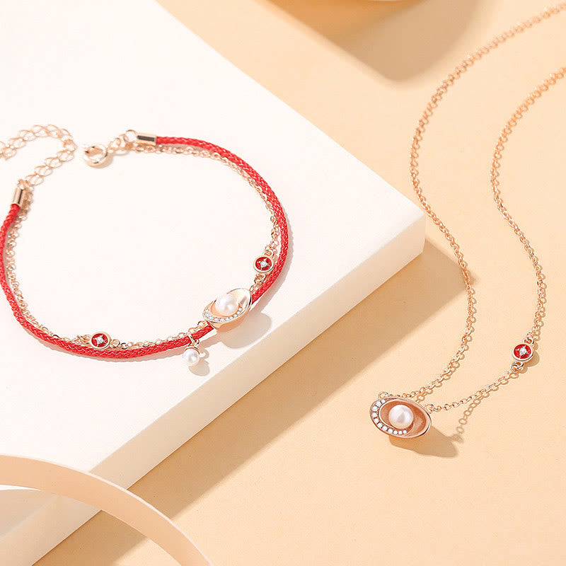 925 Sterling Silver Pearl Ingots Copper Coins Healing Necklace Pendant Red Rope Bracelet Set