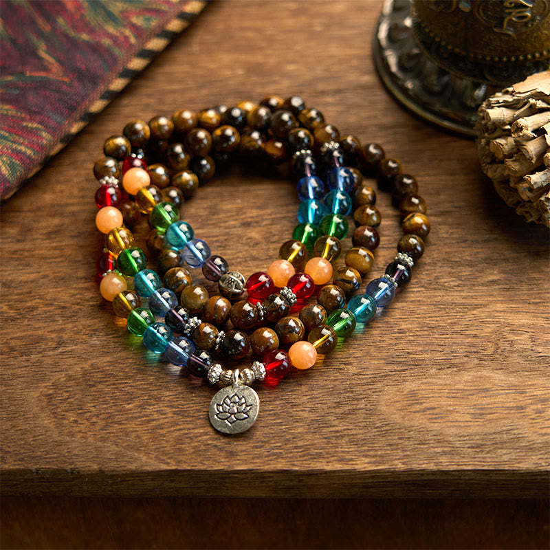 108 Mala Beads Natural Stone Tiger Eye Colored Beads Lotus Protection Bracelet