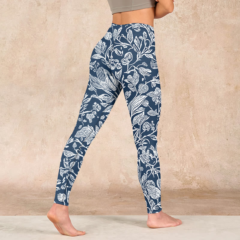 Dark Blue Flower Print Fitness Leggings Women's Yoga Pants