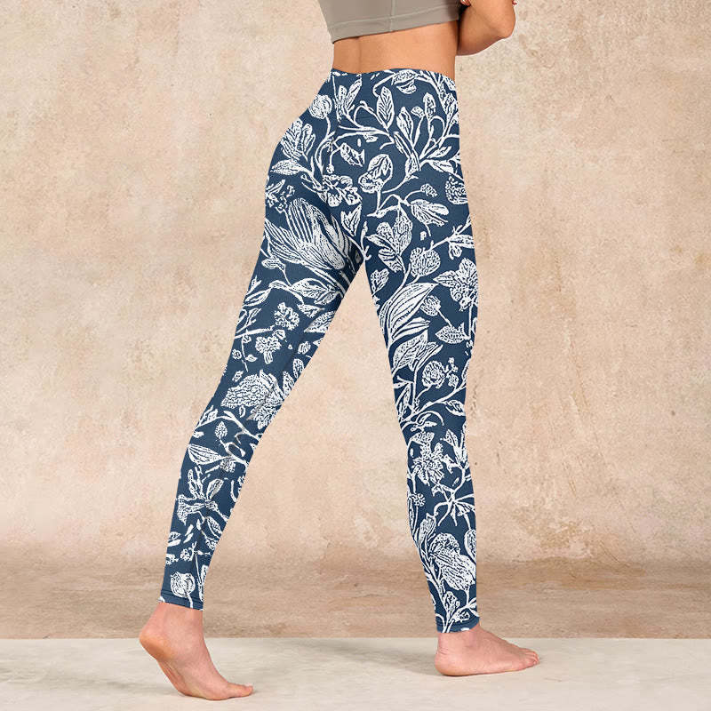 Dark Blue Flower Print Fitness Leggings Women's Yoga Pants