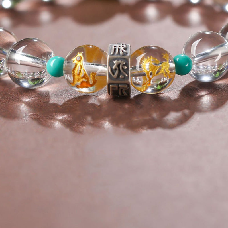 925 Sterling Silver Chinese Zodiac Natal mystic zen Auspicious Groups White Crystal Hetian Jade Healing Bracelet
