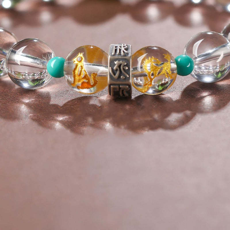 925 Sterling Silver Chinese Zodiac Natal mystic zen Auspicious Groups White Crystal Hetian Jade Healing Bracelet