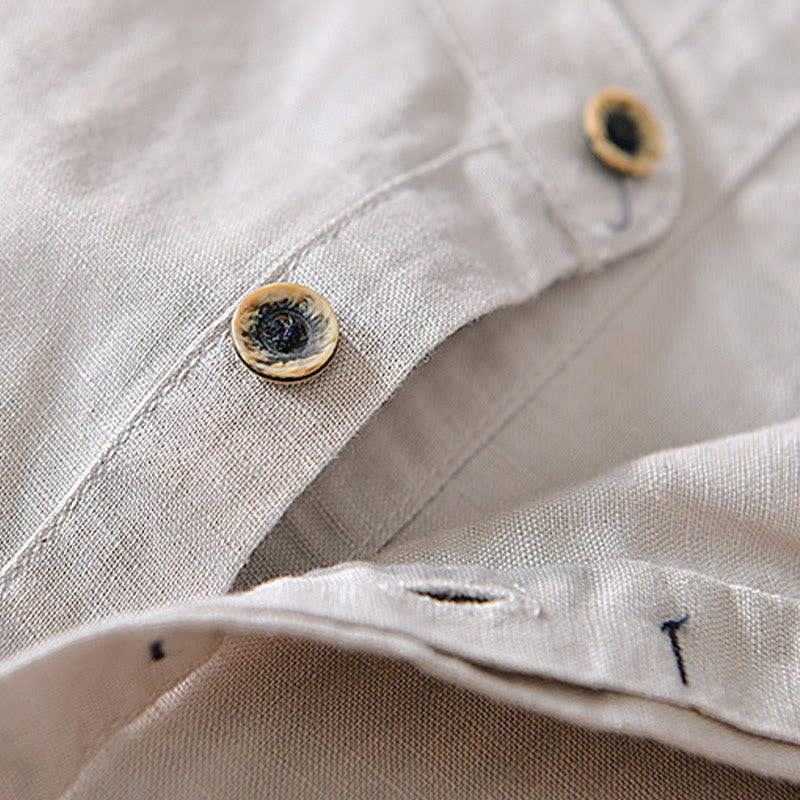 Causal Simple Design Short Sleeve Cotton Linen Half Button Men's Shirt