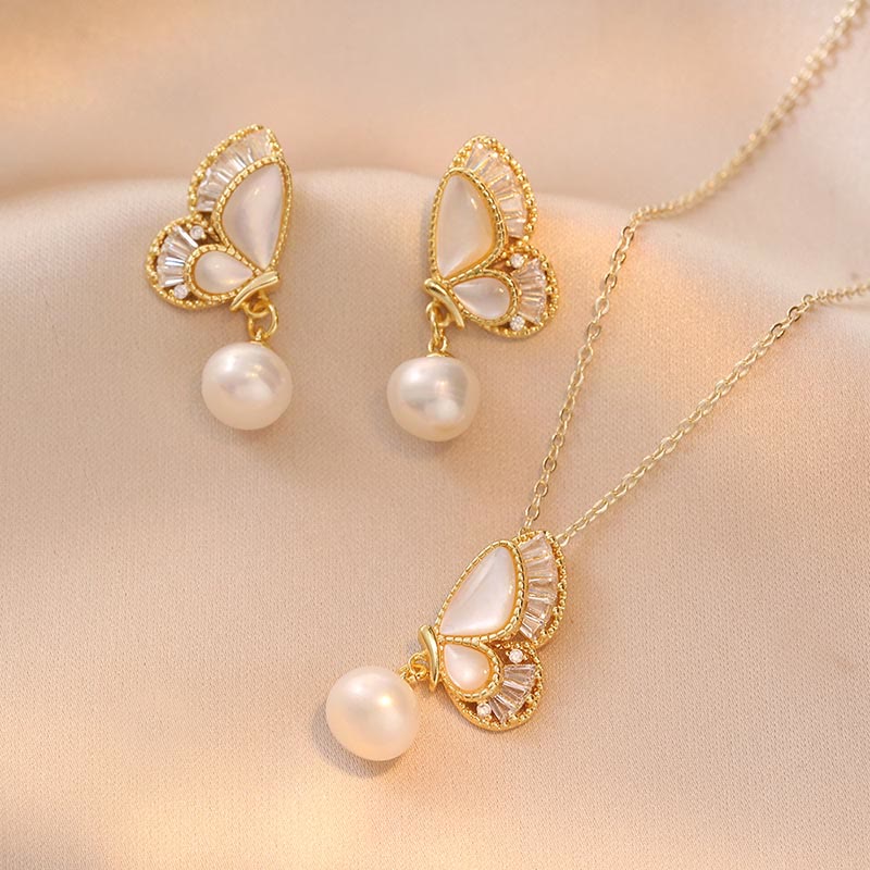 Tridacna Stone Pearl Bead Butterfly Healing Necklace Pendant Earrings Set