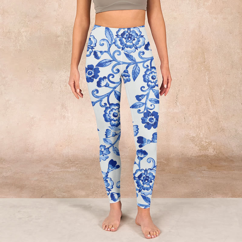 Blue Flowers Leaves Branches Print Gym Leggings Women's Yoga Pants
