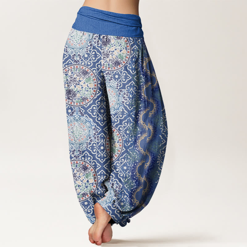 Round Diamond Shape Chinese Floral Design Women's Elastic Waist Harem Pants