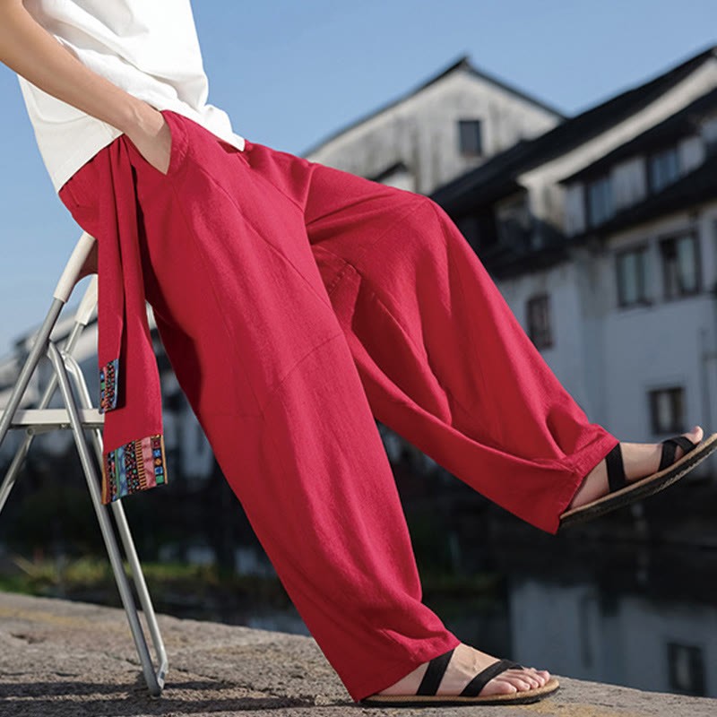 Simple Patchwork Design Drawstring Cotton Men's Wide Leg Pants With Pockets