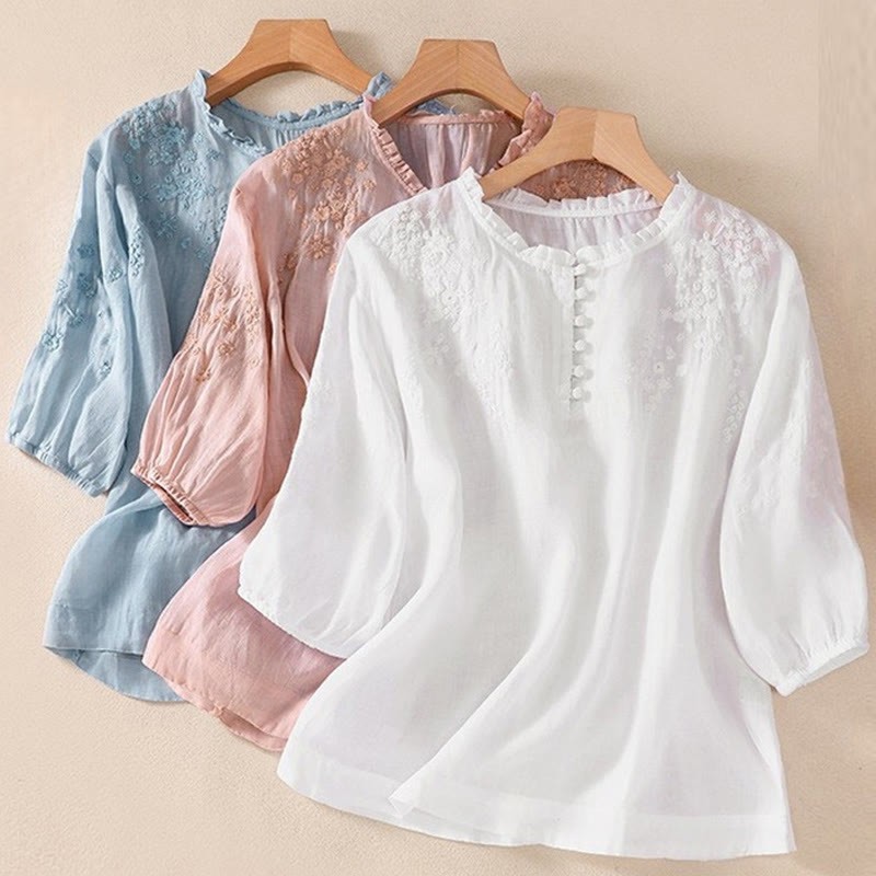 Casual Plain Button Floral Embroidered Design Puff Half Sleeve Cotton Linen Women's Shirt