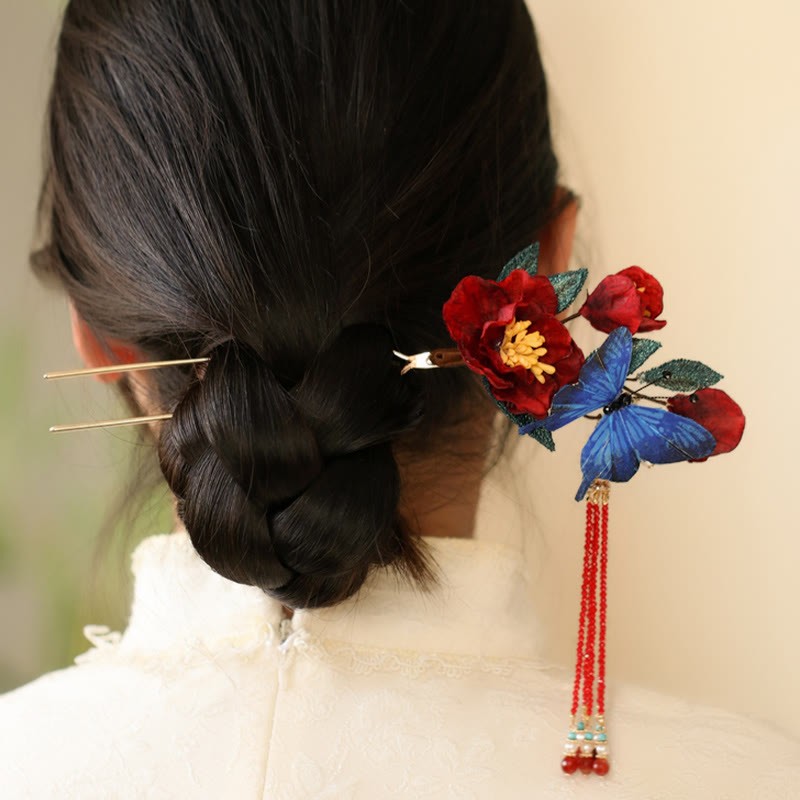 Classical Chinese Style Red Flower Blue Butterfly Hairpin