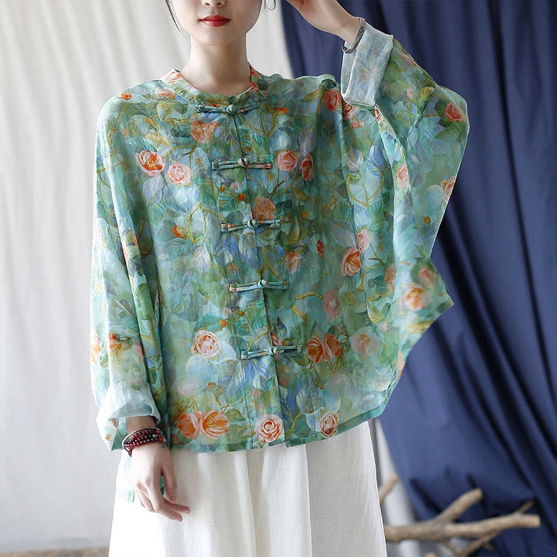 Pink Flowers Green Leaves Print Frog-button Design Long Sleeve Ramie Linen Jacket Shirt