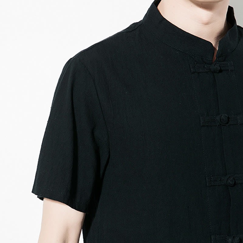 Casual Solid Color Front Frog Buttons Chinese Tang Suit Short Sleeve Linen Men's Shirt