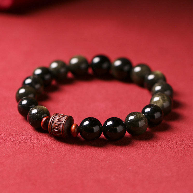 Natural Gold Sheen Obsidian Rainbow Obsidian Om Mani Padme Hum Fu Character Healing Bracelet