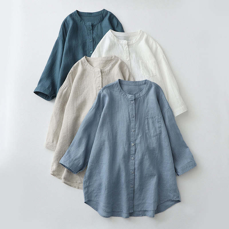Solid Color Button Three Quarter Sleeve Cotton Linen Shirt