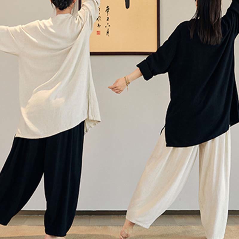 Plain Long Sleeve Coat Jacket Top Wide Leg Pants Zen Tai Chi Yoga Meditation Clothing