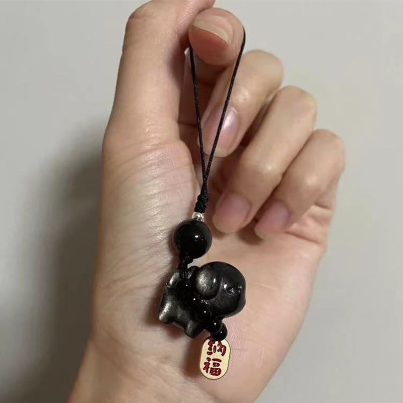 mystic zen Stone Silver Sheen Obsidian Puppy Dog Fu Character Protection Necklace Phone Hanging Decoration