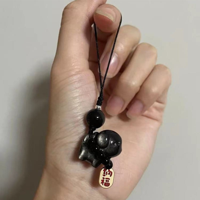 mystic zen Stone Silver Sheen Obsidian Puppy Dog Fu Character Protection Necklace Phone Hanging Decoration