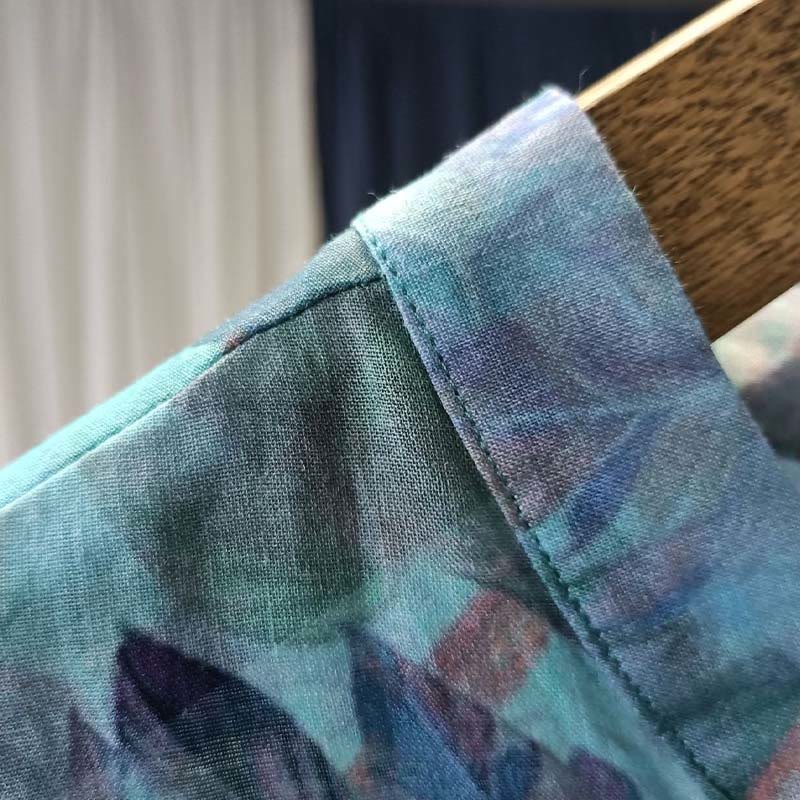 Pink Flowers Green Leaves Print Frog-button Design Long Sleeve Ramie Linen Jacket Shirt