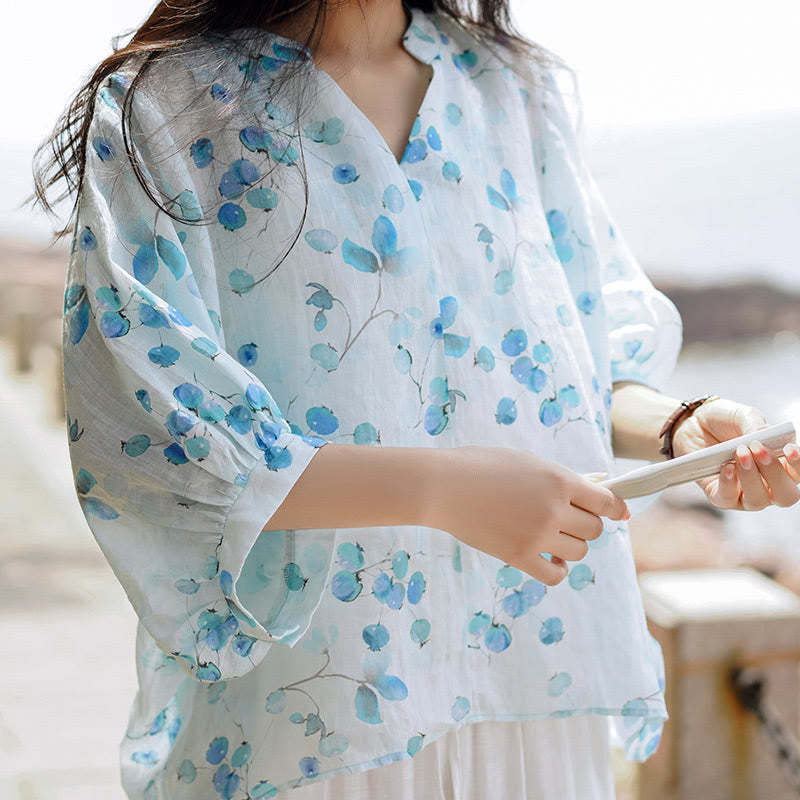 Fruits Leaves Pattern Lantern Sleeve Top Loose Tee T-shirt