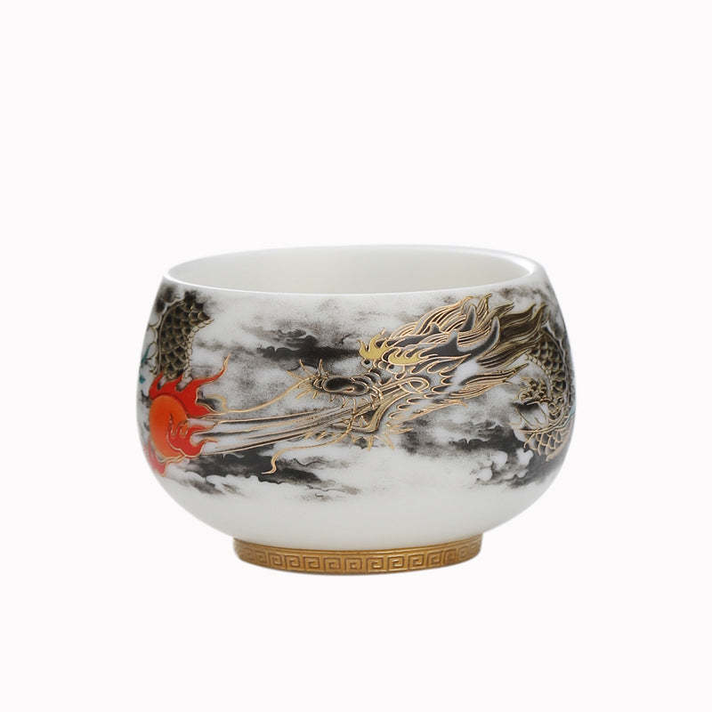 Dragon Playing With Pearl Design White Porcelain Ceramic Teacup Kung Fu Tea Cup 160ml