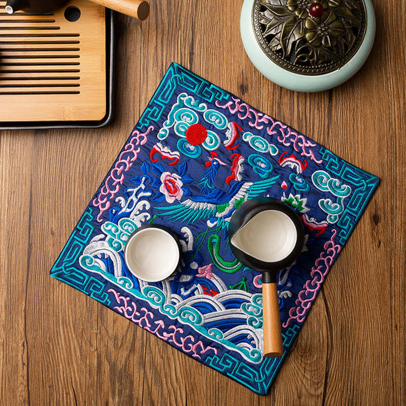 Phoenix Dragon Kirin Embroidery Cup Mat Pad Tea Cup Coaster Kung Fu Tea Mat