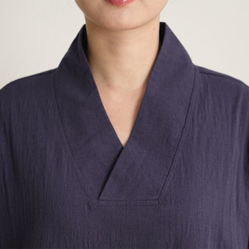2Pcs V-Neck Three Quarter Sleeve Shirt Top Pants Meditation Zen Tai Chi Cotton Linen Clothing Women's Set
