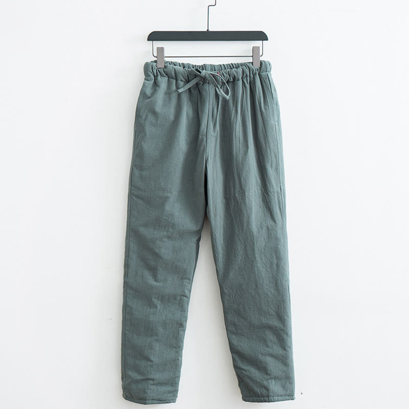 Winter Solid Men's Drawstring Cotton Fleece Lined Pants With Pockets