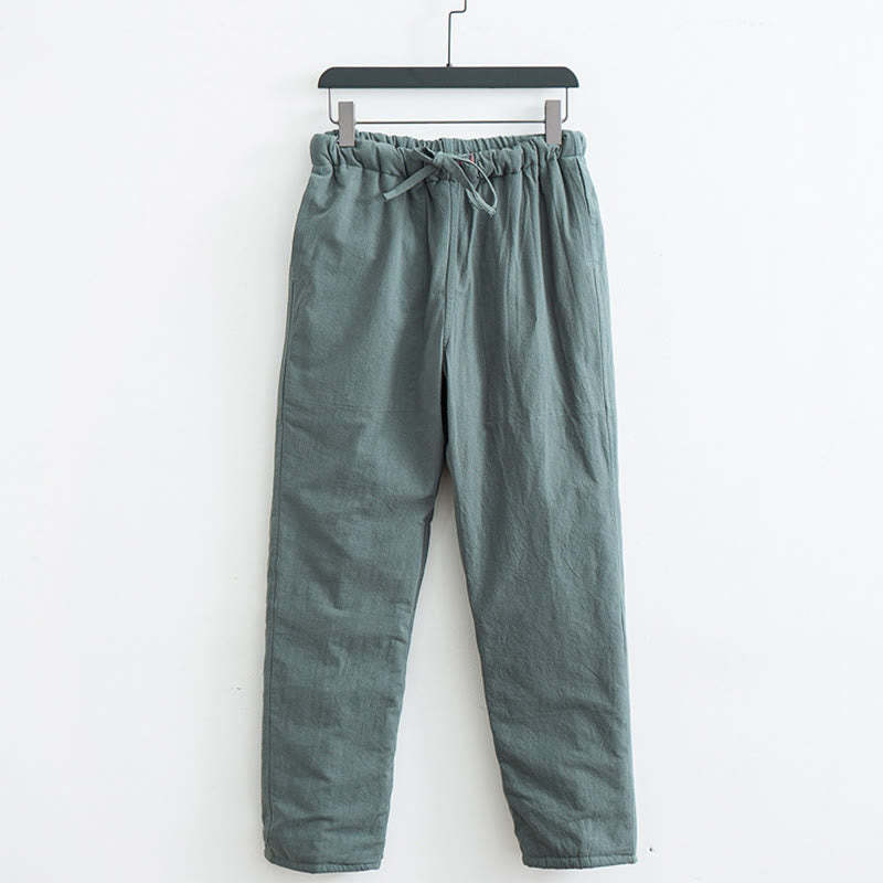 Winter Solid Men's Drawstring Cotton Fleece Lined Pants With Pockets