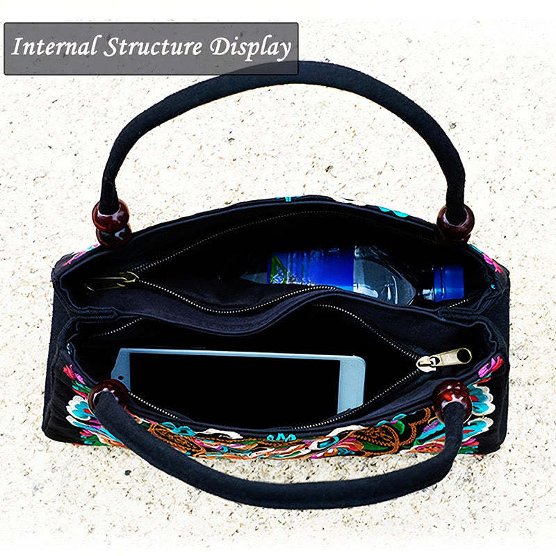 Galsang Inula Flower Peony Peacock Double-Sided Embroidery Canvas Shopping Purse Handbag