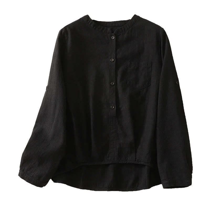 Casual Women's Loose Standing Collar Long Sleeve Design Plain Cotton Linen Shirt